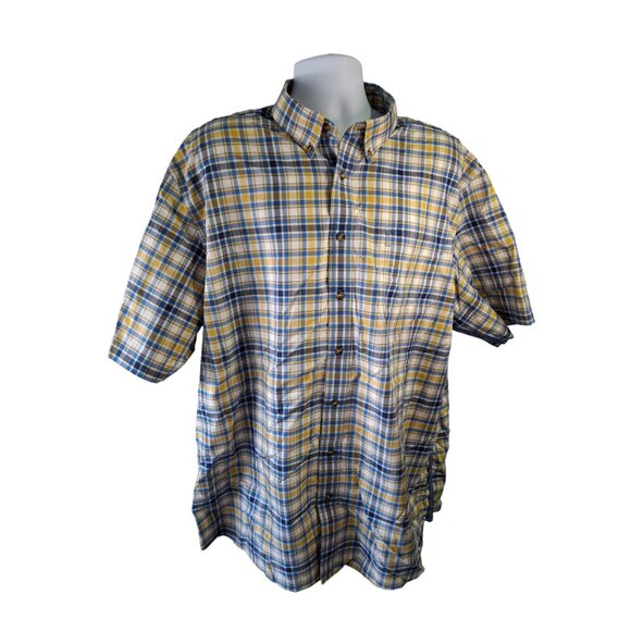 Cabelas Mens Button Up Shirt 3XLT Yellow Blue Plaid Short Sleeve Preppy Office - Picture 1 of 5